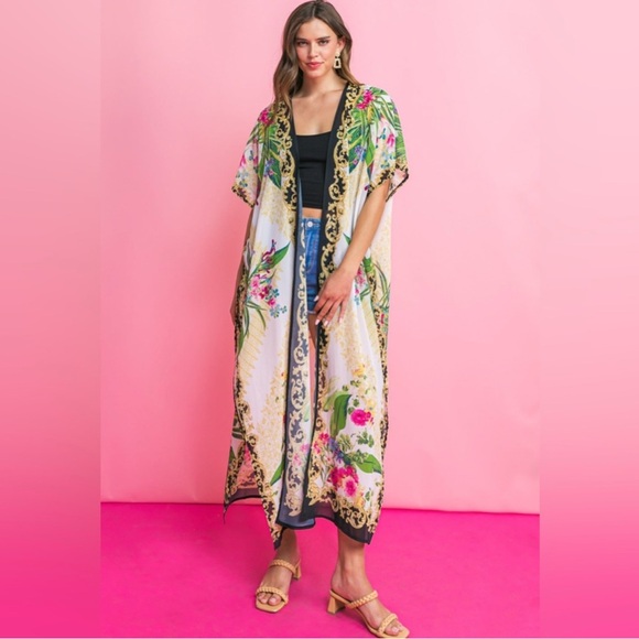 Boho Floral Long Kimono | Tropical Maxi Duster Jacket | Cream Beach Cover-Up - Picture 5 of 5